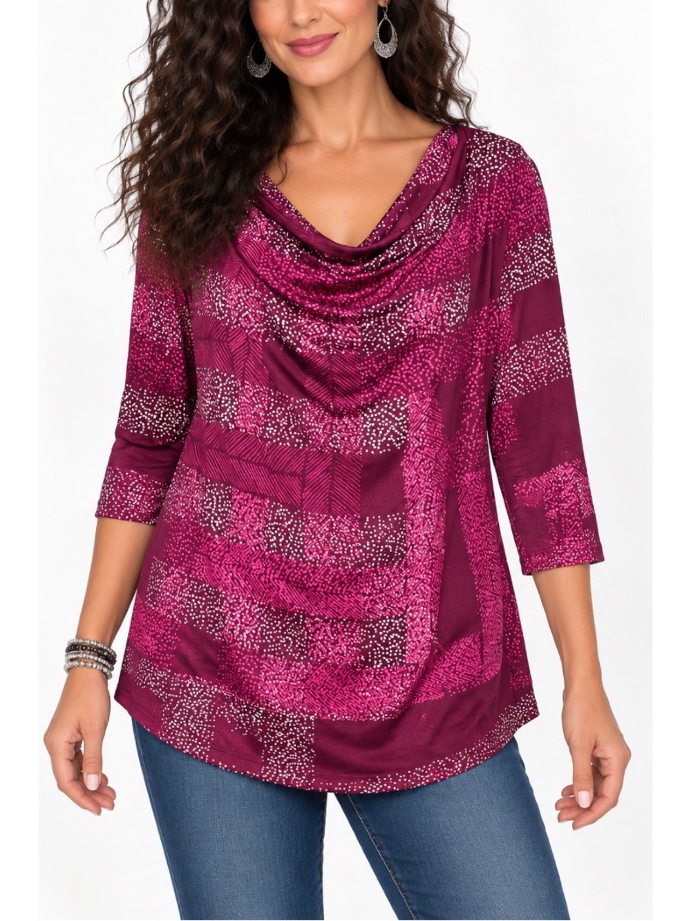 Jaclyn Smith plum and magenta patterned blouse & flattering, flowing silhouette